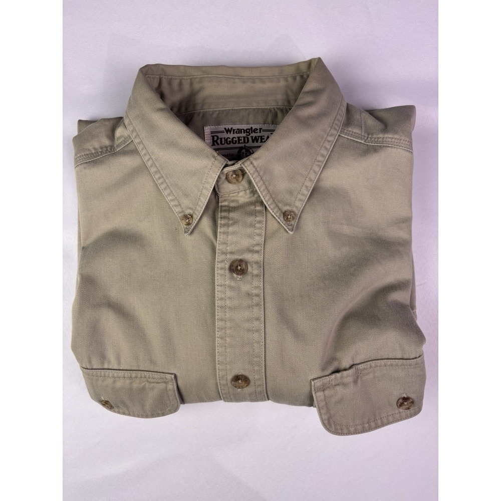 Vintage Wrangler Rugged Wear Tan Khaki Long Sleeve Button Down Shirt Mens